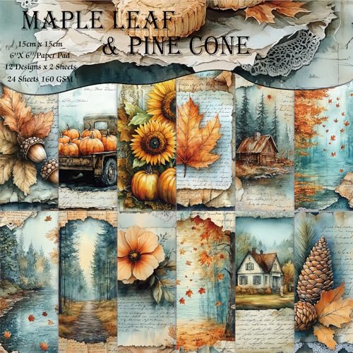 24 Sheets Scrapbooking Paper Pad 6x6inches 160GSM Single Sided Decorative Paper Pack Journaling Supplies Patterned Cardstock for Craft Present Wrapping. Maple Leaf