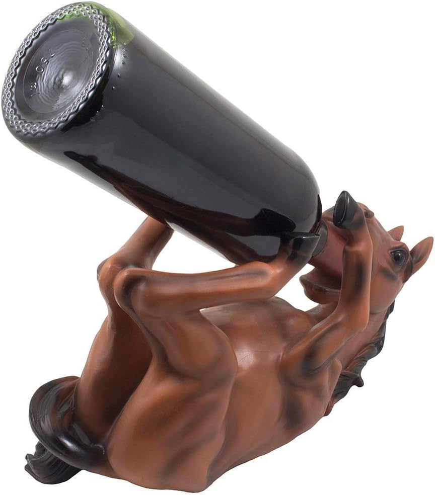 Drinking Chestnut Stallion Wine Bottle Holder Statue in Decorative Tabletop Wine Racks & Display Stands for Country Farm Kitchen Table Centerpieces or Western Brown Horse Decor As Gifts for Farmers