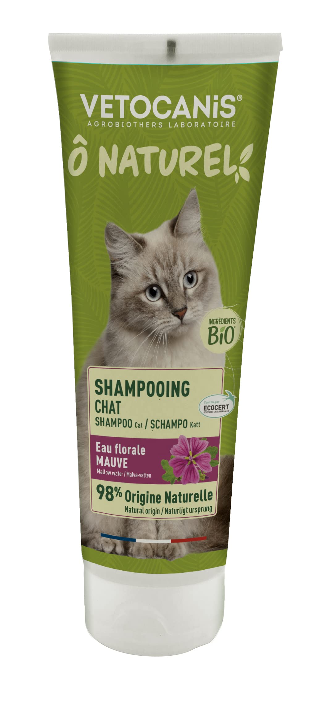 VETOCANIS Ô Naturel - Shampoing Chat à Usage Quotidien & Vegan avec Un Bon Parfum pour l'eau Florale de Mauve Bio Contient 98% d'Ingrédients d'origine Naturelle 250 ML, BIO000646, Vert