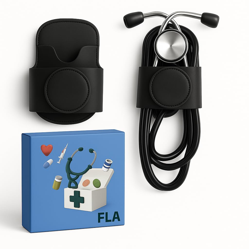 Stethoscope Holder pro with Clip,Handmade Genu e Leather .Perfect for Physicians, Nurses, EMT, Medical Nurs g Student. No More Neck Carry g, Work with Comfort (Black 1)