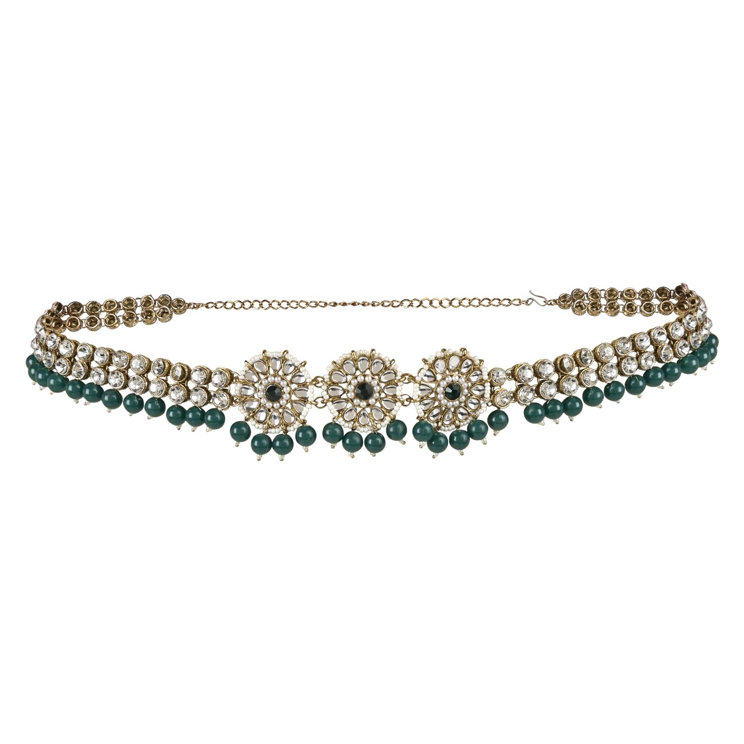 Gold Plated Traditional Ethnic White Floral Design Kundan And Stone Studded Adjustable Pearl Kamarband/Belly Chain/Kandora/Wait Belt For Women