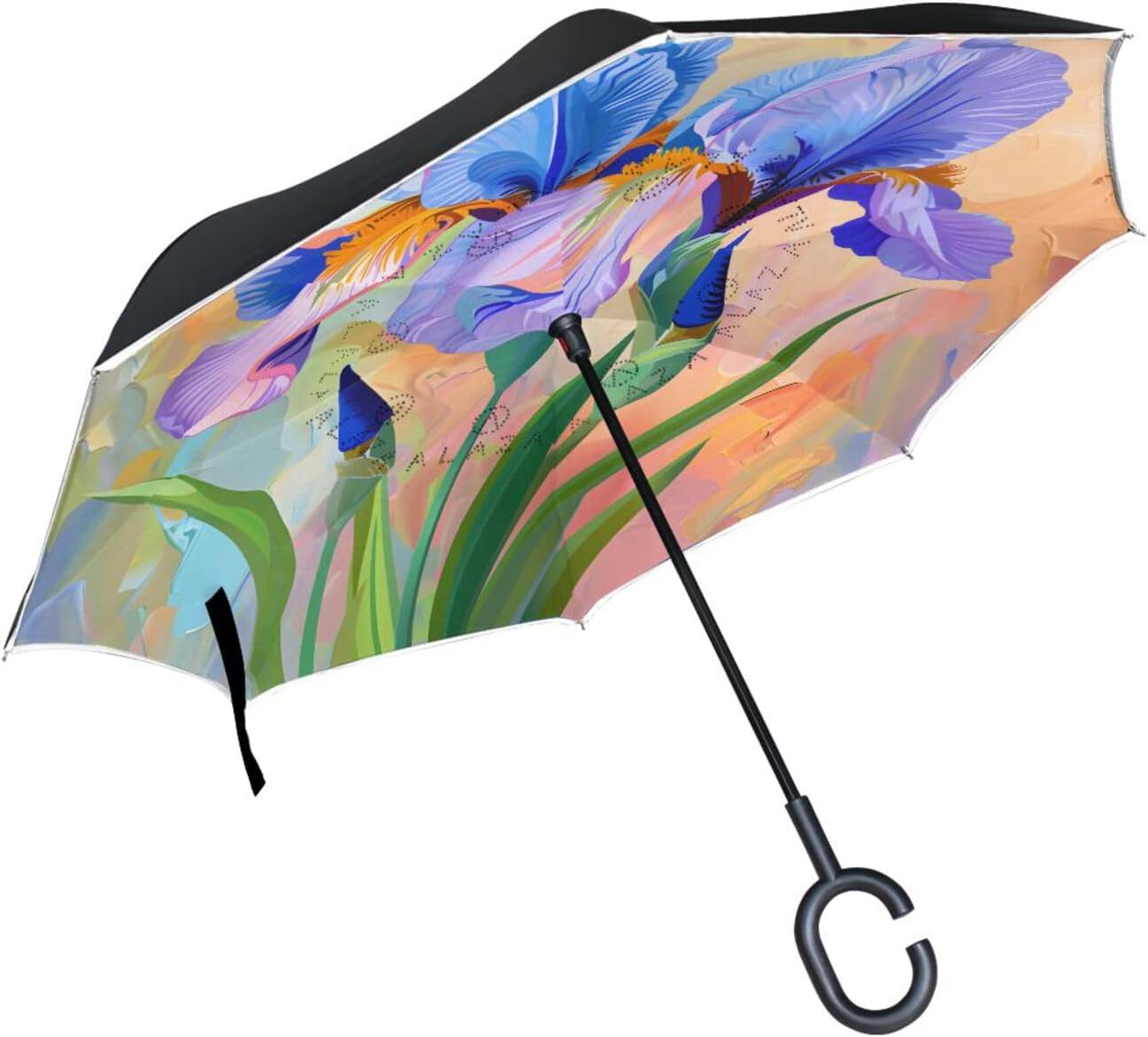 Iris Flower Painting Inverted Umbrellas for Rain Windproof Reverse Upside Down Golf Umbrella with C-shape Handle for Men Women