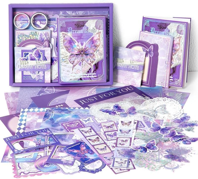 CURVE CREATION Scrape Book Kit Scrapbooking Kit Vintage Journal Scrapbook Pack DIY Paper Stickers, Craft Kits Notebook, Collage Album Aesthetic Sticker Journaling Scrapbook Photo Album (Purple Butterfly)-image-28