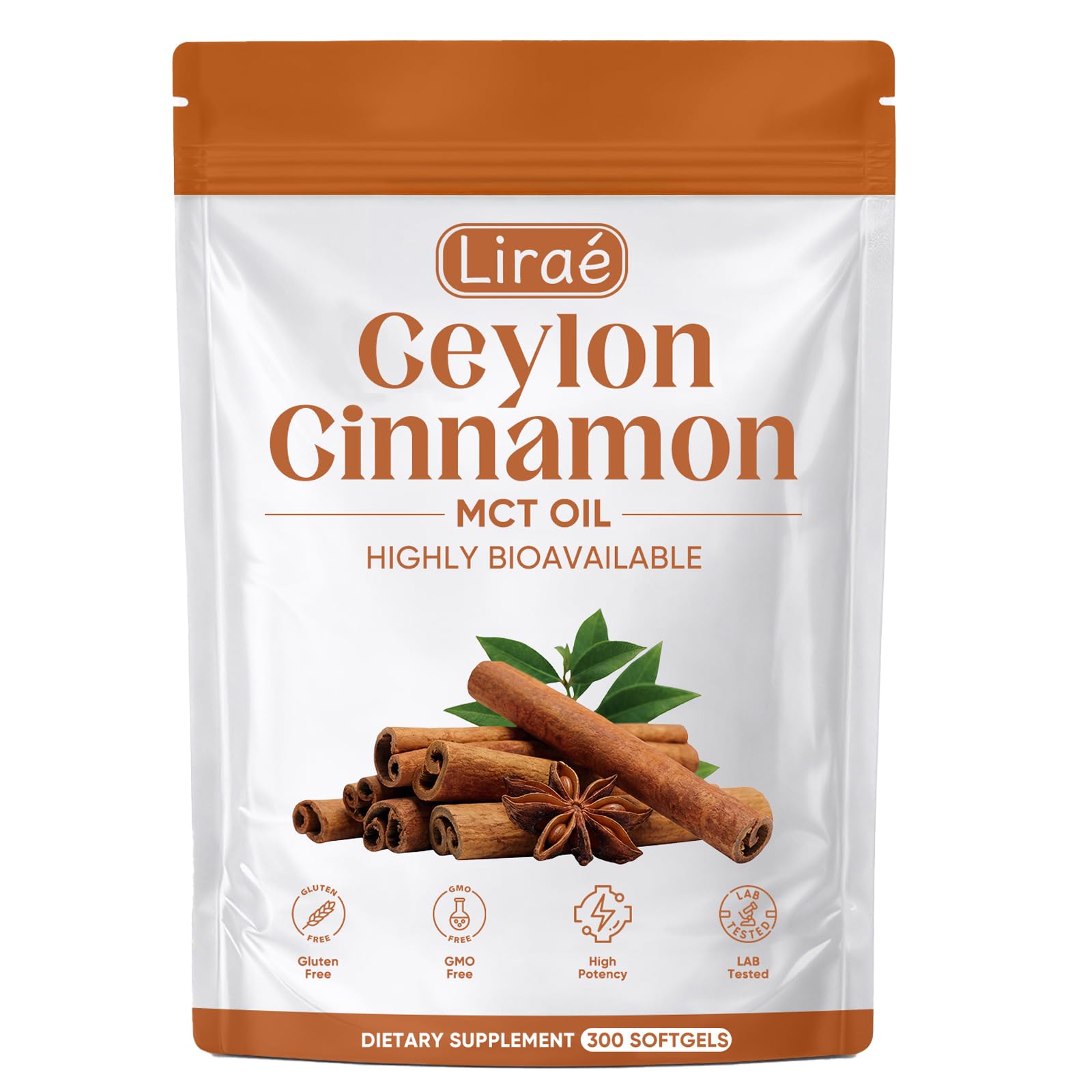 LIRAE Ceylon Cinnamon Softgels with MCT Oil, True Ceylon Cinnamon 12:1 Extract, Highly Bioavailable Herbal Extract, Non-GMO, Gluten Free, 300 Softgels(1pcs) 300 Count (Pack of 1)