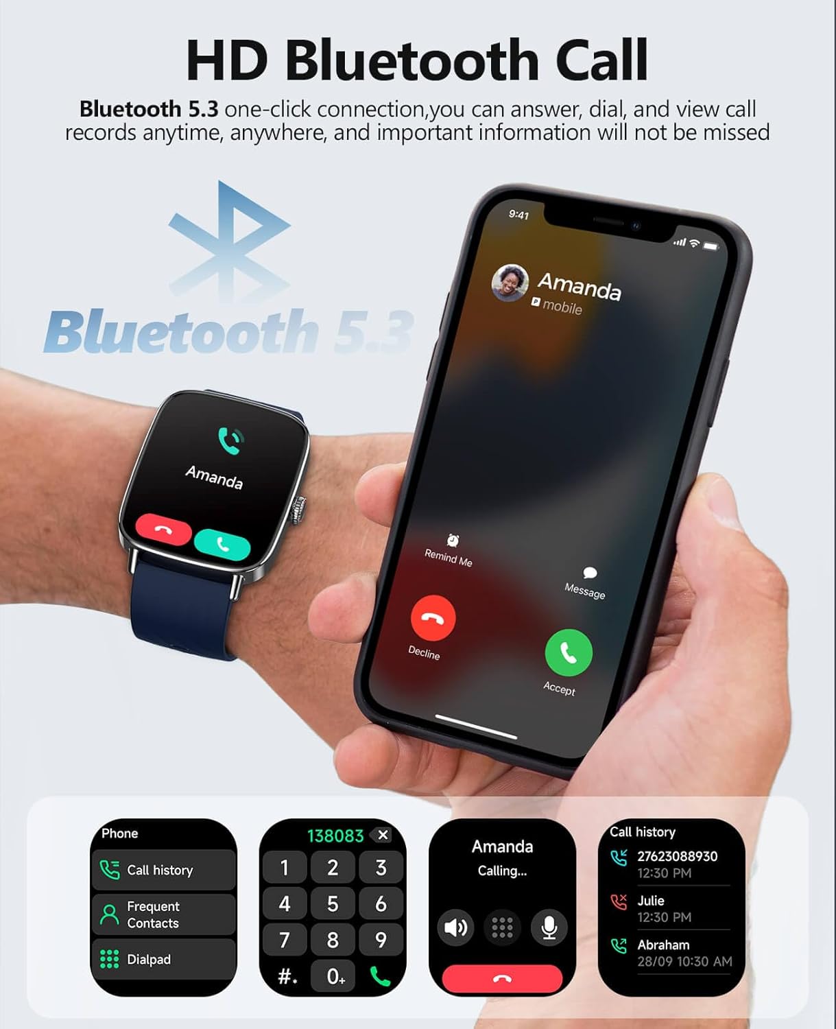 SOUYIE Smart Watch showing a phone call interface and a smartphone displaying an incoming call