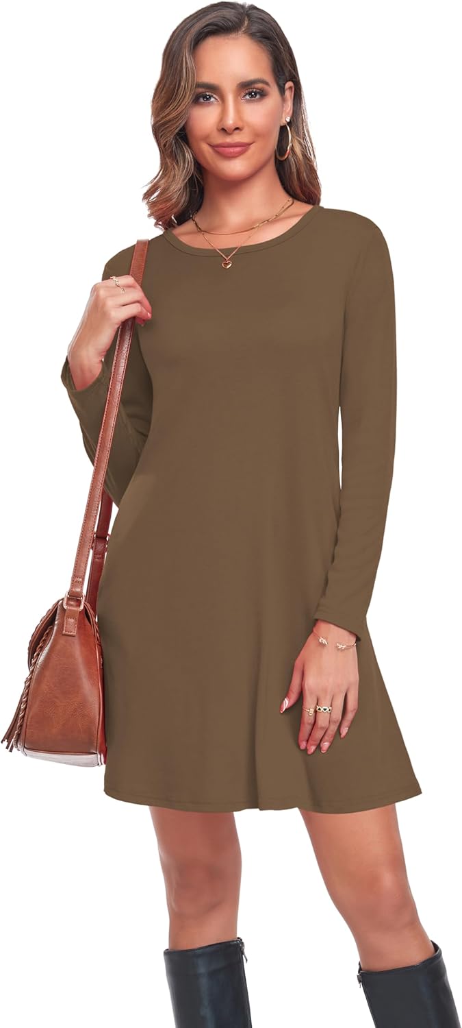 Moskill Long Sleeve Tshirt Dresses for Women with Pockets Casual Loose Swing Dress - Image 3
