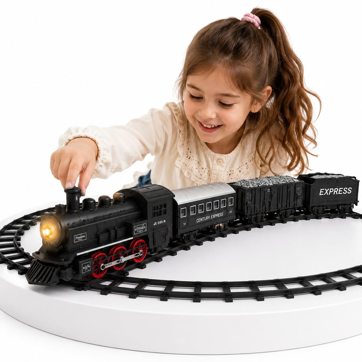 Toyana Electric Train Set for Kids - 19 PCs Classic Railway Toy with Battery Operated Locomotive, Carriages, Tracks & Realistic Lights & Sounds, Railway Model Gift Set for Children 3+ Years