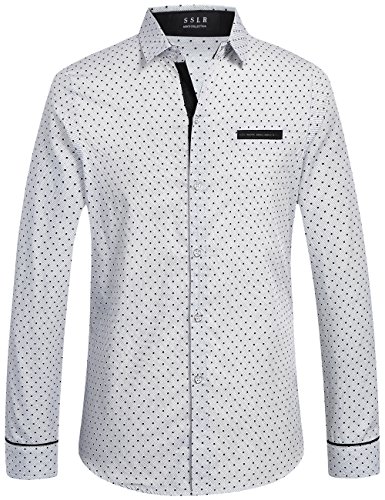 SSLR Men's Polka Dots Slim Fit Button Down Long Sleeve Dress Shirt (Large, White)