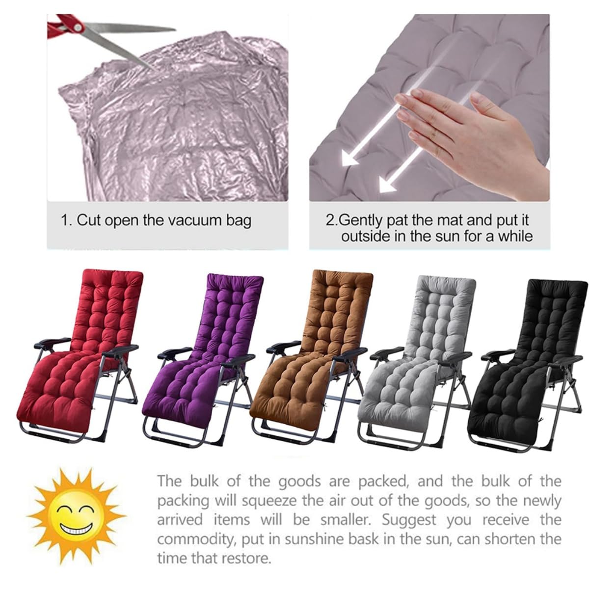 Highdi Coussin de Chaise Longue/Bain de Soleil, Coussin Transat Jardin Exterieur, Rembourré Pliable Épais & Confortable avec Bande Réglable pour Terrasse, Plage, Salon (Gris,48x170cm)