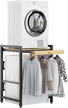 Tumble Washer Dryer Stacking Kit - Height Adjustable Over Washer Dryer Shelves with Sliding Raill Hanger,Metal Frame Washing Machine Storage Rack for Home Bathroom Commercial Wooden Color