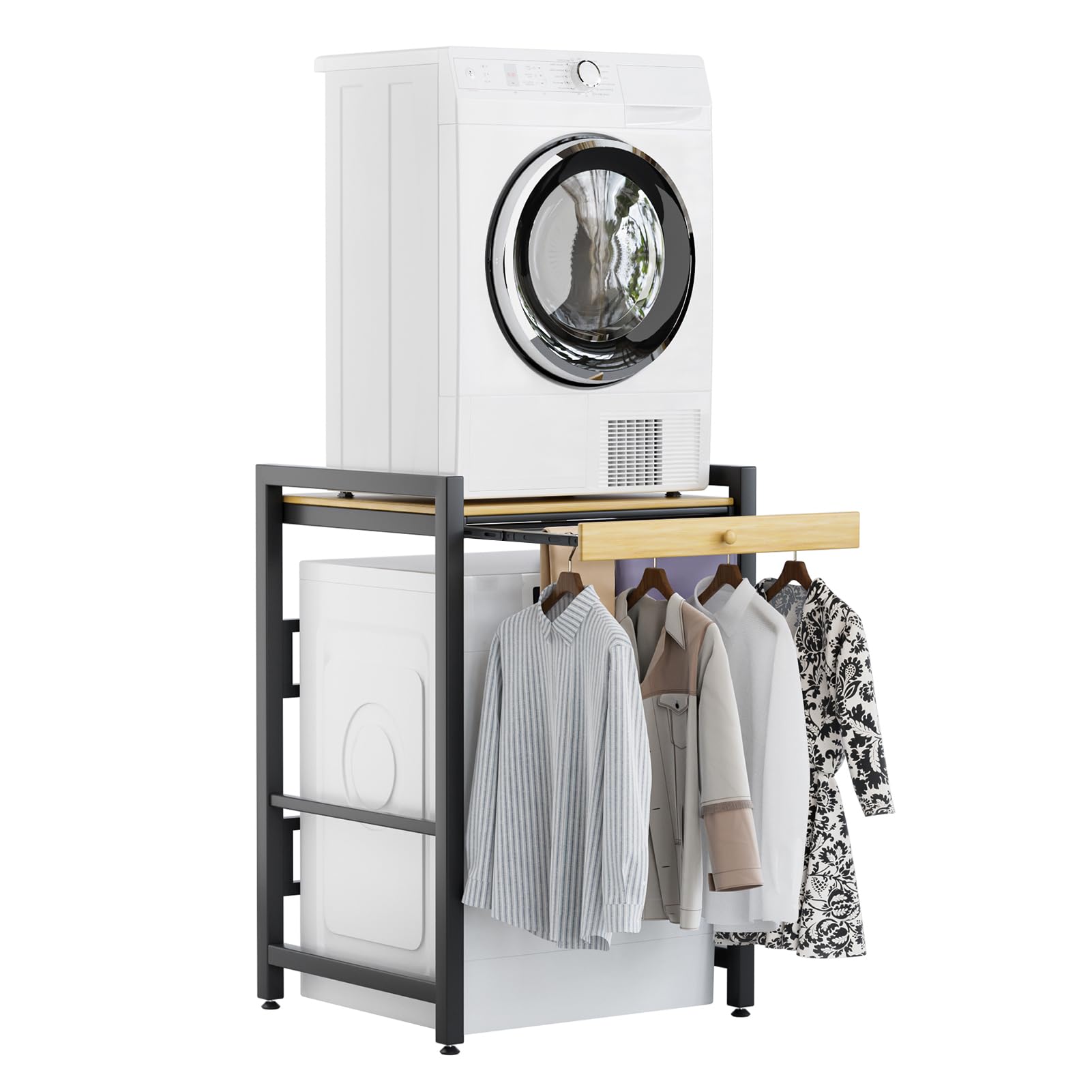 Washing Machine Stand Stacking Kits, 3 Gear Height Adjustable Washer Dryer Stacking Kit, Tumble Dryer Stacker Unit, 660lbs Max Load, 4X4cm Thick Metal Frame, for Bathroom (Black with Rail Hanger)