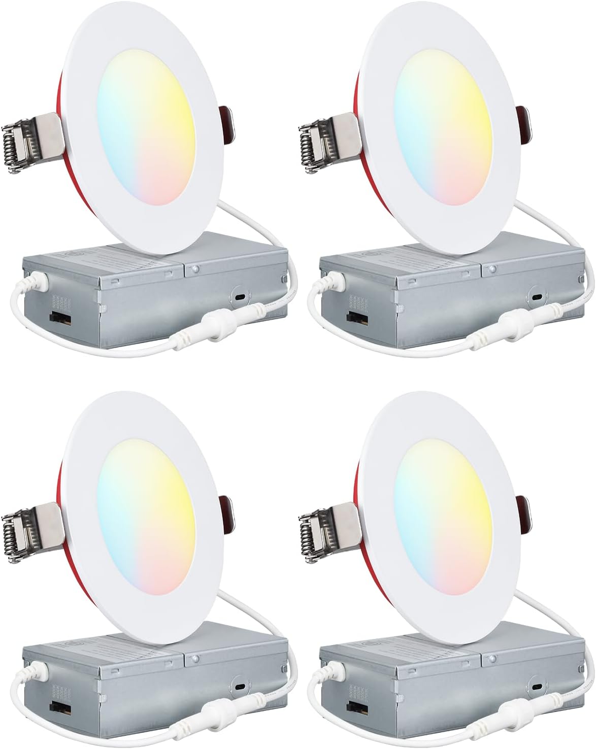 TORCHSTAR 5CCT 2 Hour Fire Rated Ultra-Thin LED Recessed Lighting with J Box, UL263, 4 Inch Dimmable Slim Recessed Canless LED Downlight, IC Rated, 2700K3000K3500K4000K5000K, ETL & ES & T24, Pack of 4