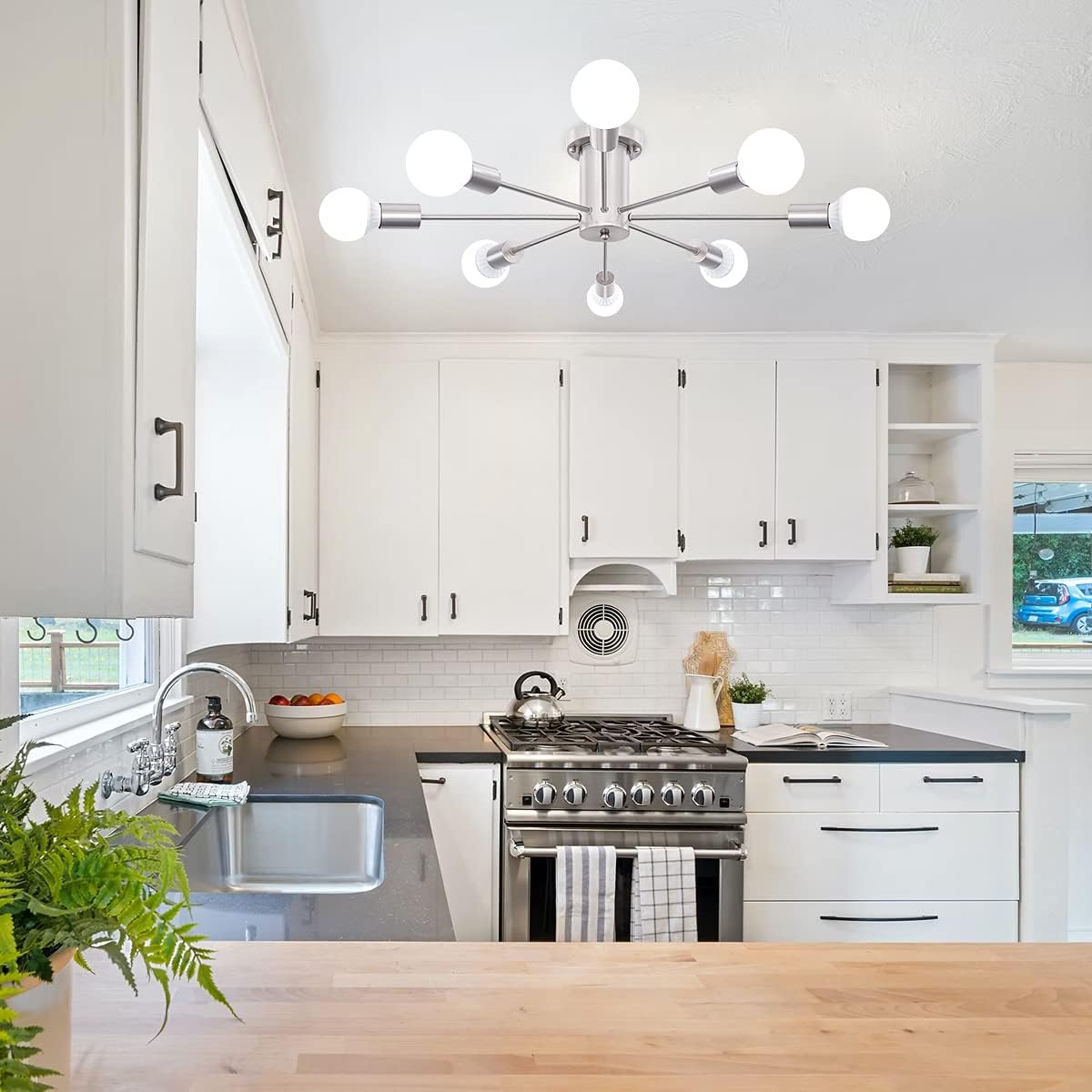 Nickel 8-Light Geometric Sputnik Semi Flush Mount Chandelier