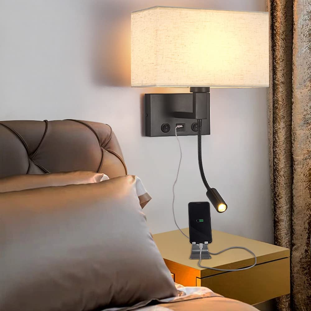 Jadssox Stoff-Wandlampe Schlafzimmer Wand-Leselicht mit Schalter Moderne festverdrahtete Wandleuchte aus schwarzem Metall, USB-Aufladung Flexible Schwanenhals-Wandleuchte am Bett