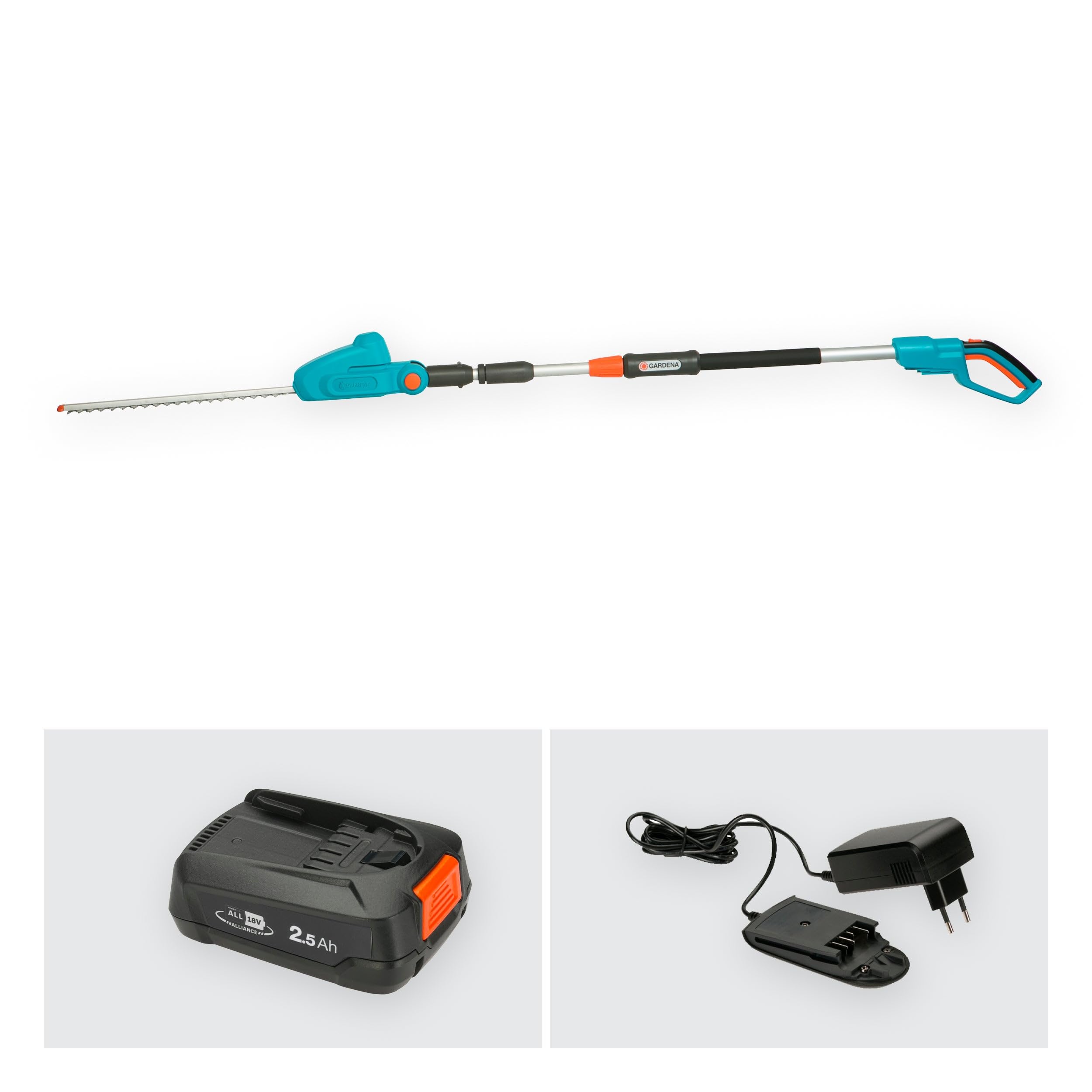 Gardena Akku-Teleskop-Heckenschere THS 42/18V P4A Ready-to-Use Set: Teleskopgriff, Reichweite bis 3 m, 42 cm Messer, Abwinkelbarer Kopf, Kabellos (14732-20)