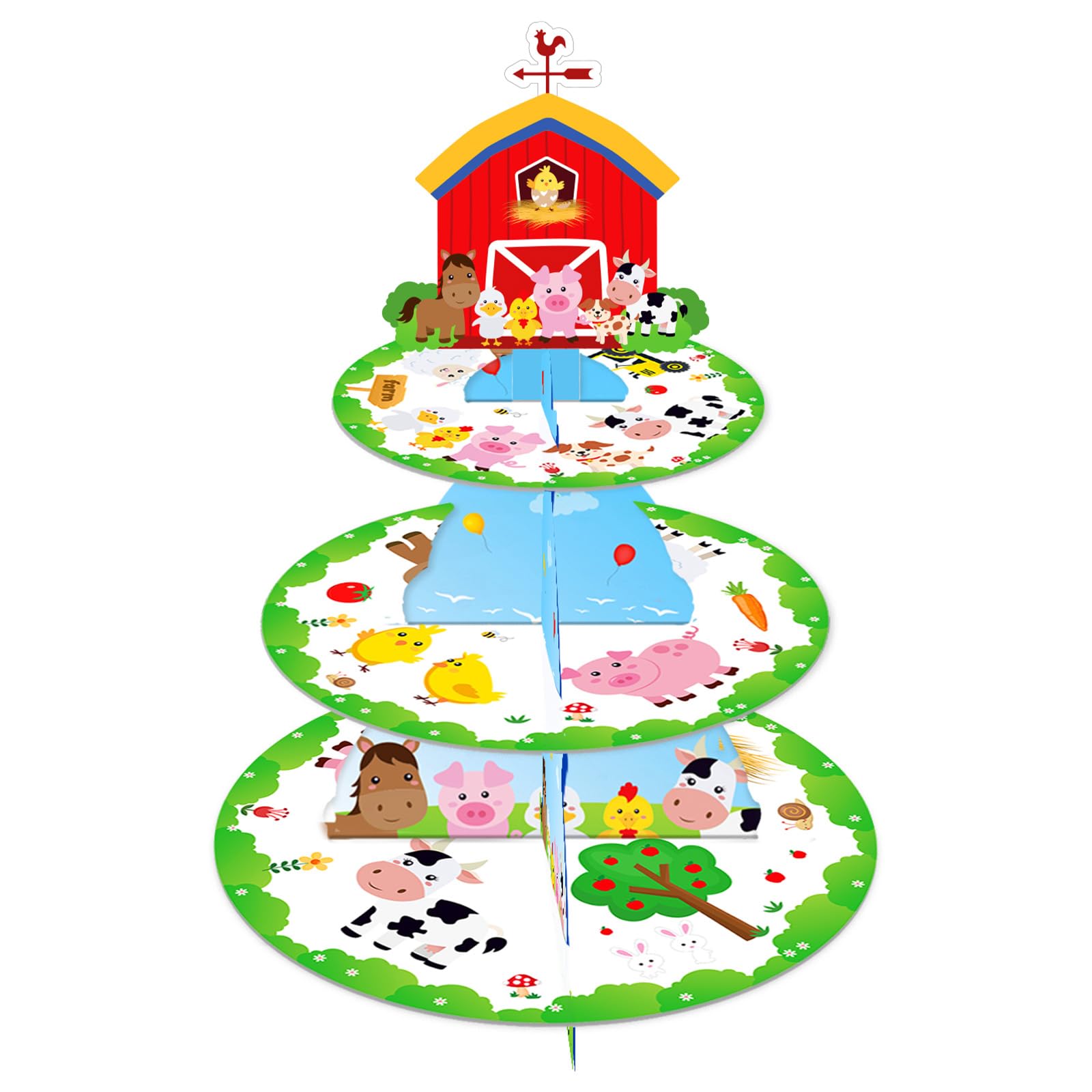MORAINJAY 3 Tier Farm Animal Cupcake Stand, Cardboard Cake Tower for Kids Birthday, Round Animal Theme Dessert Display Holder, Farm Barn Party Table Decoration, Boys Girls Party Supplies