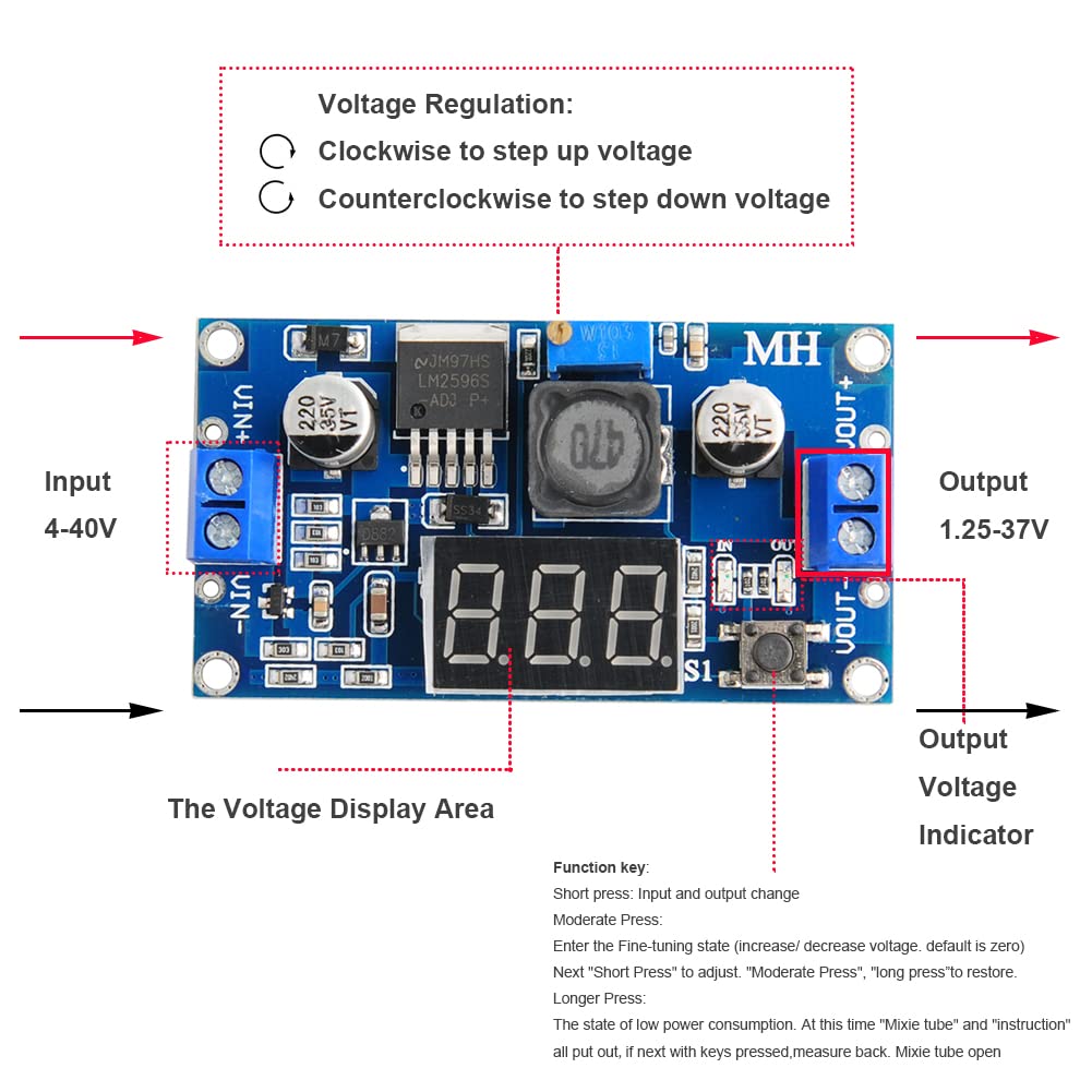 Top view of LM2596 Buck Converter Module showing input and output terminals