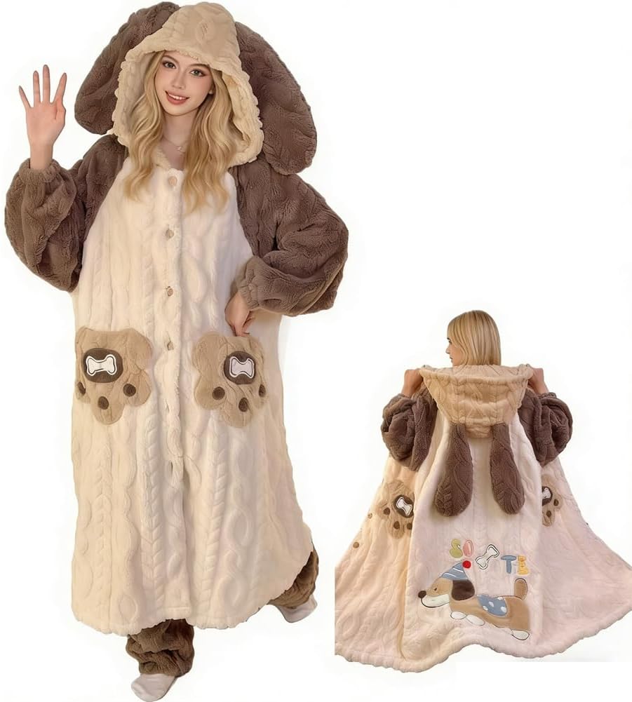 Brrioe Women's cute Kawaii button bathrobe hoodie coat plush warm pajamas and trousers Sets Soft Fleece Hooded Loungewear