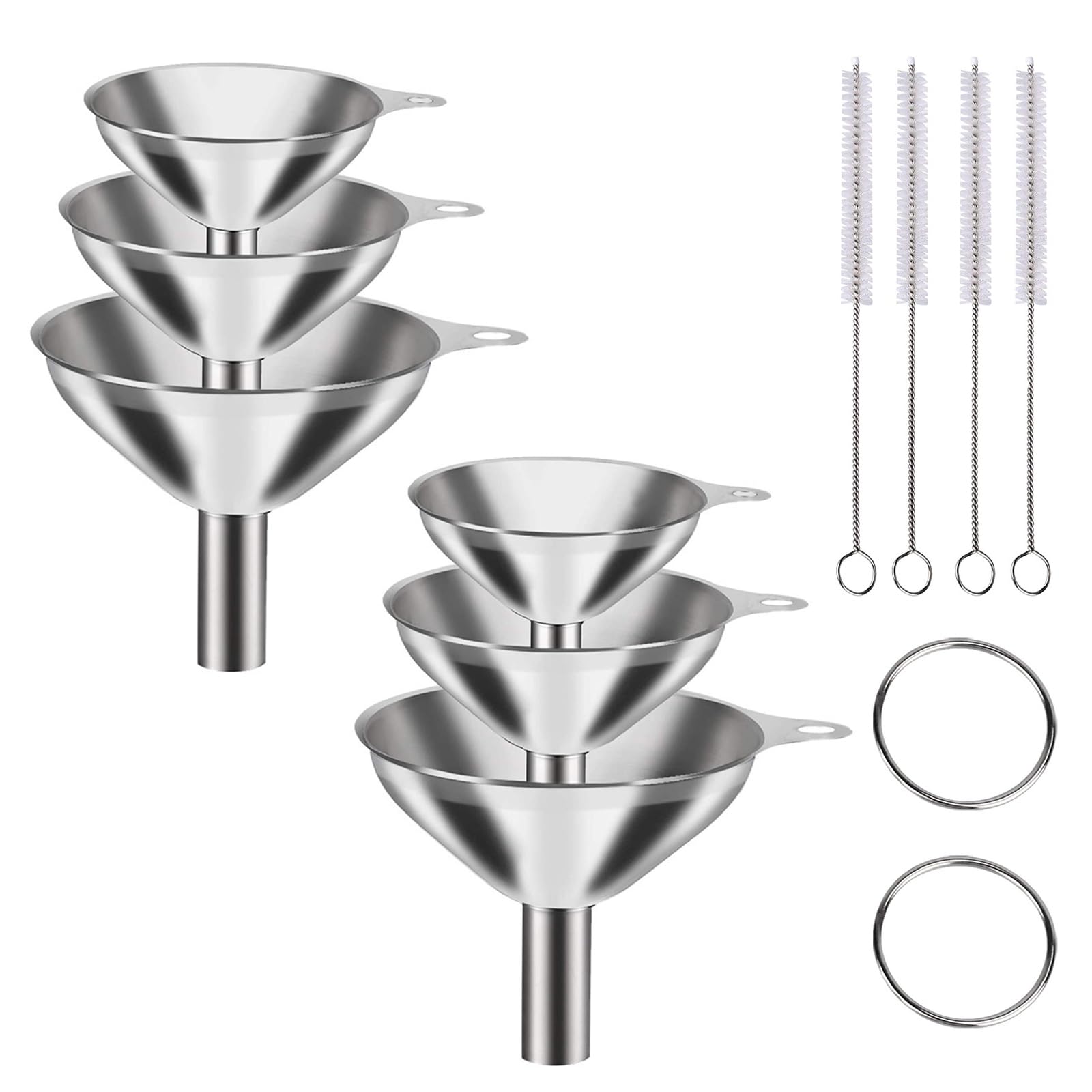 Stainless Steel Funnel - ShiningUU Set of 6 Small Kitchen Funnels in 3 size for Filling Bottles/Jars/Kitchen Use, with 4 Cleaning Brushes, Kitchen Funnel for Liquids, Powders, Oils, Spices, Jam