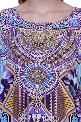 Image of Miss Lavish London Swimwear Cover ups Kaftan Dresses for Women Ethnic Print V Neck, Beach Coverups Plus Size, Side Slit & Pockets on Both Sides, Womens Beach Resort Wear-Purple-2XL