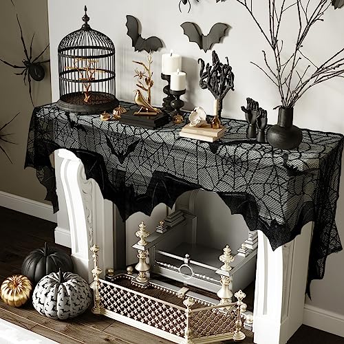 Image of AerWo Halloween Decorations Indoor Fireplace Mantel Scarf, Black Lace Spiderweb Fireplace Cover for Halloween Mantle Decor Festive Party Supplies,20x79 inches