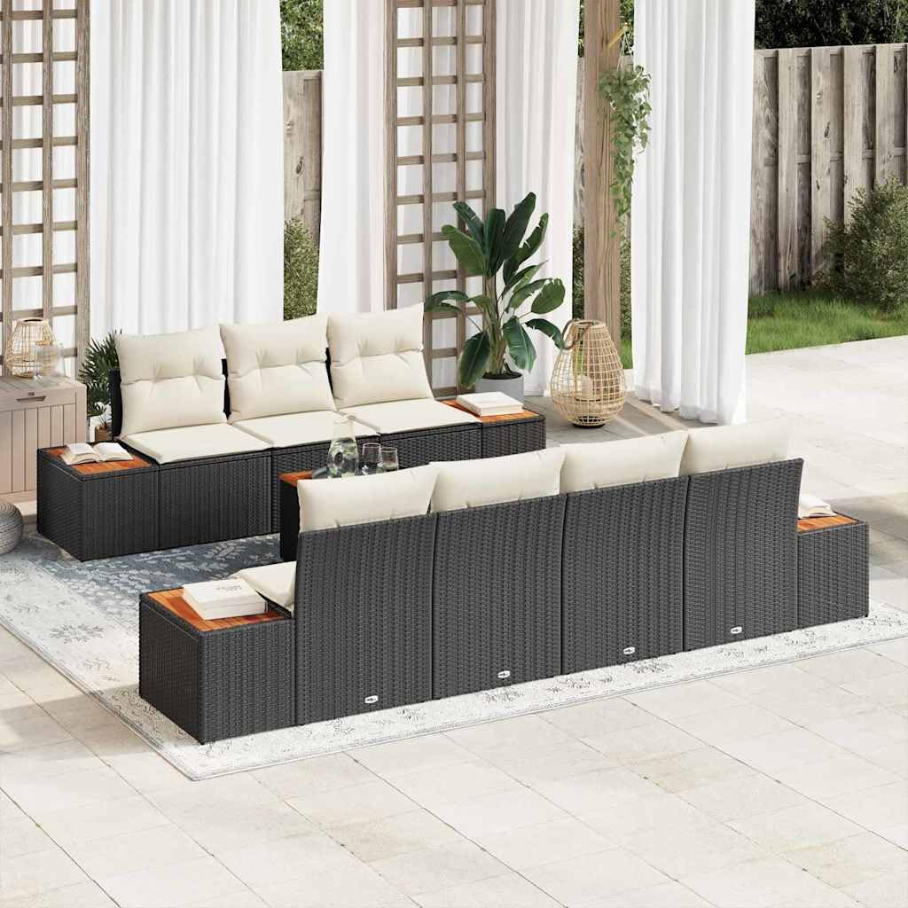Sofá de jardín modular de polirratán negro con 8 cojines, juego de muebles de exterior con estructura de acero y patas ajustables