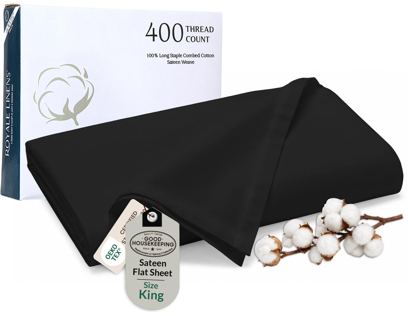 Royale Linens King Flat Sheets Only, Luxury Breathable Sateen Weave 100% Cotton Flat Sheets, Ultra Soft Single Flat Sheets Only Sold Separately, Cooling Top Sheet (Midnight Black-105x102)