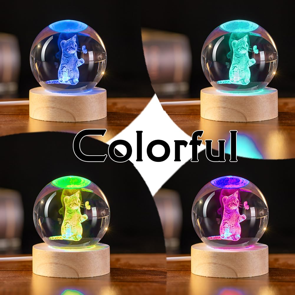 IFOLAINA Tema di sfera di cristallo 3D, regali per gli amanti dei gatti, donne, gatto, madre, sfera di vetro, gatto, regali correlati con base luminosa in legno