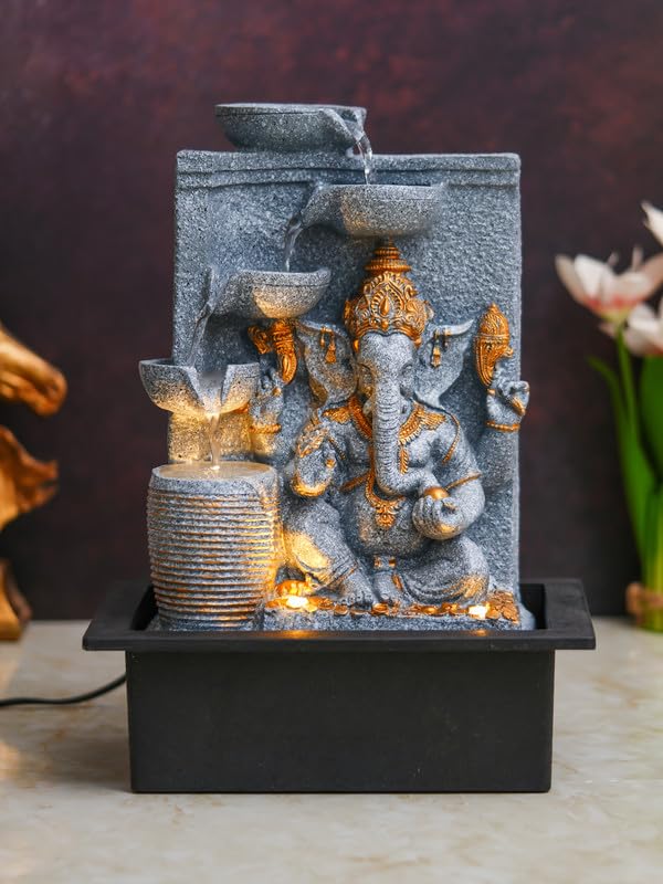 Image of Polyresin Grey Ganesha Idol Tabletop Indoor 4 Diya Steps Water Fountain for Home Decor with Yellow LED Light & Water Flow Controller Pump (Size: 39 x 29.5 x 22CM | Wt: 2195grm)
