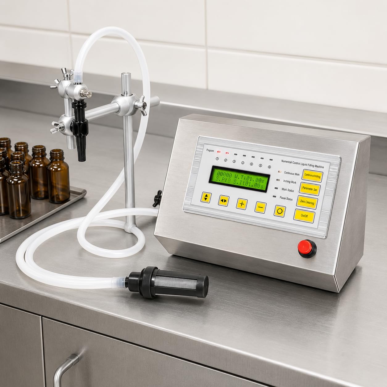 Máquina compacta de llenado de líquidos con control por microcomputadora, boquilla antigoteo y tubo de silicona para agua, aceite, perfume y más.