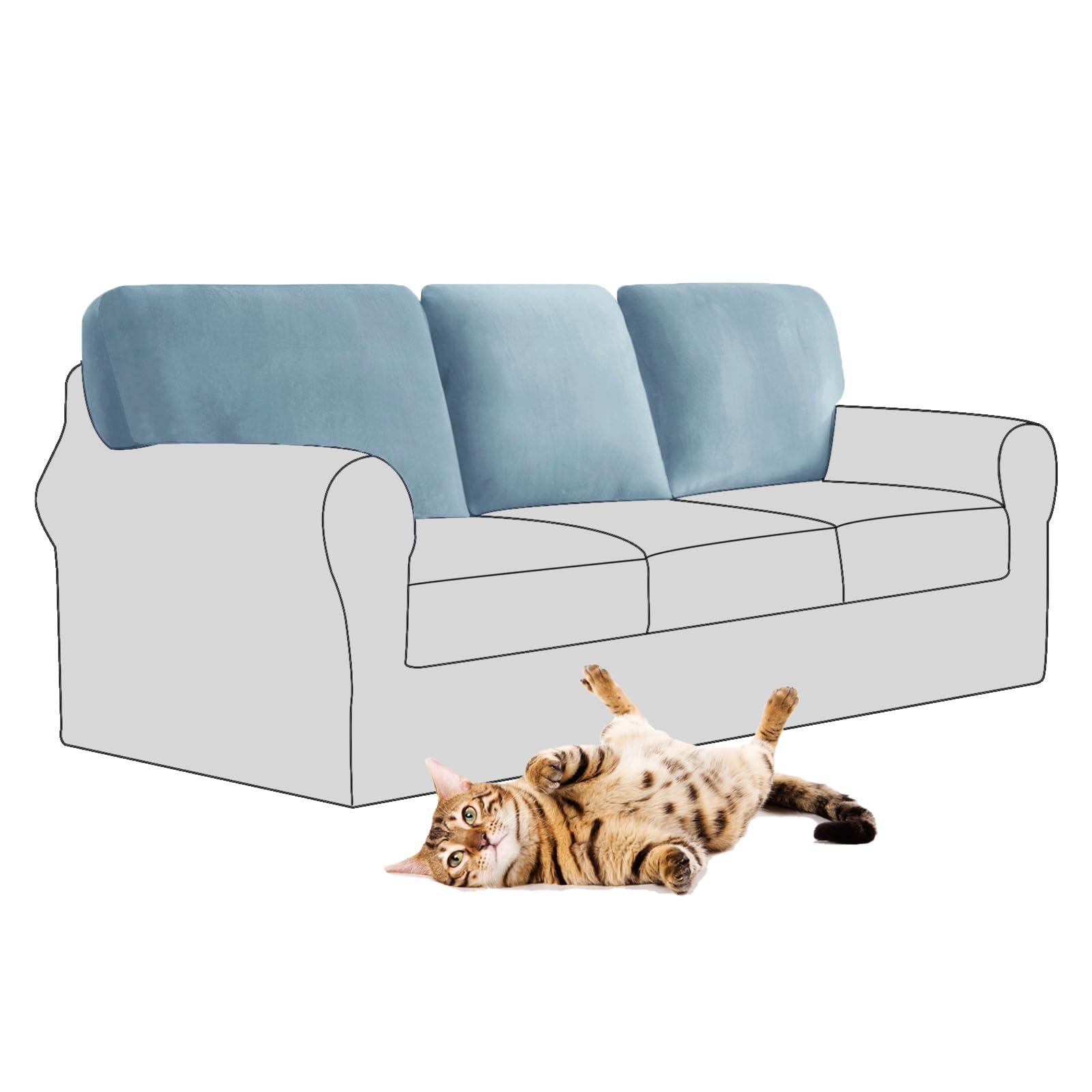 SYLC Stretch Velvet Sofa Backrest Cover, Back Cushion Covers Non-Slip Sofa Cushion Slipcovers for Couch Chesterfield Caravan RV Dinette (Light blue,3 pcs Rectangle L)