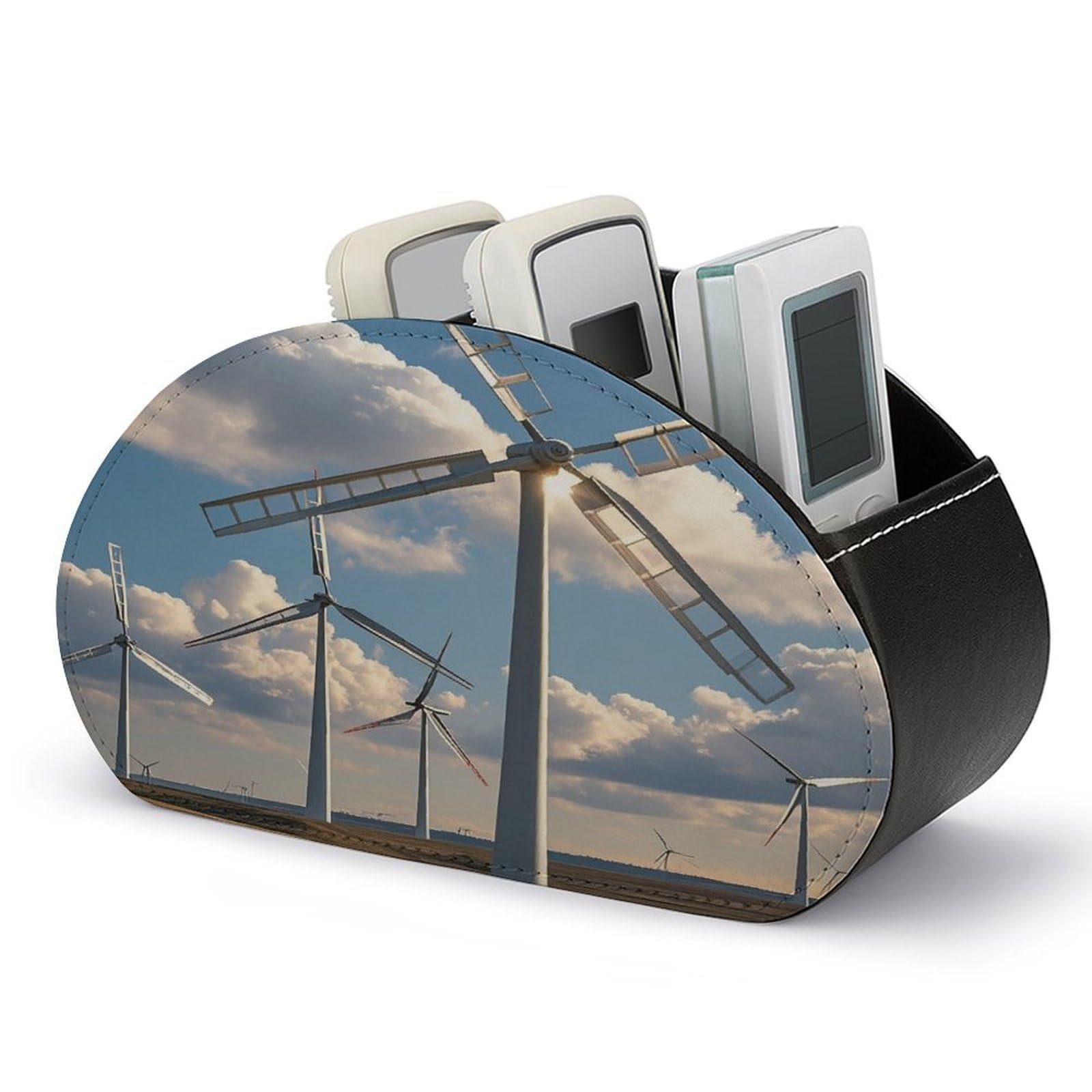 FekiLoot Windmills Remote Control Holder with 5 Compartments - PU Leather Remote Caddy Desktop Organizer, Personalized TV Media Remote Storage Box for Home Coffee Desk Accessories