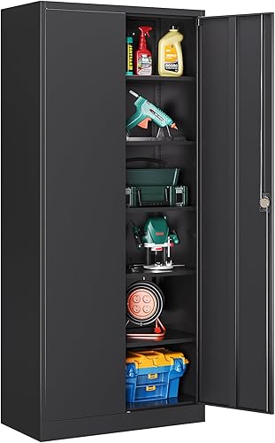 Vista 102 de Gabinete de metal de 72 pulgadas, armario de almacenamiento con bloqueo con 2 puertas y 5 estantes ajustables, gabinete de herramientas de acero