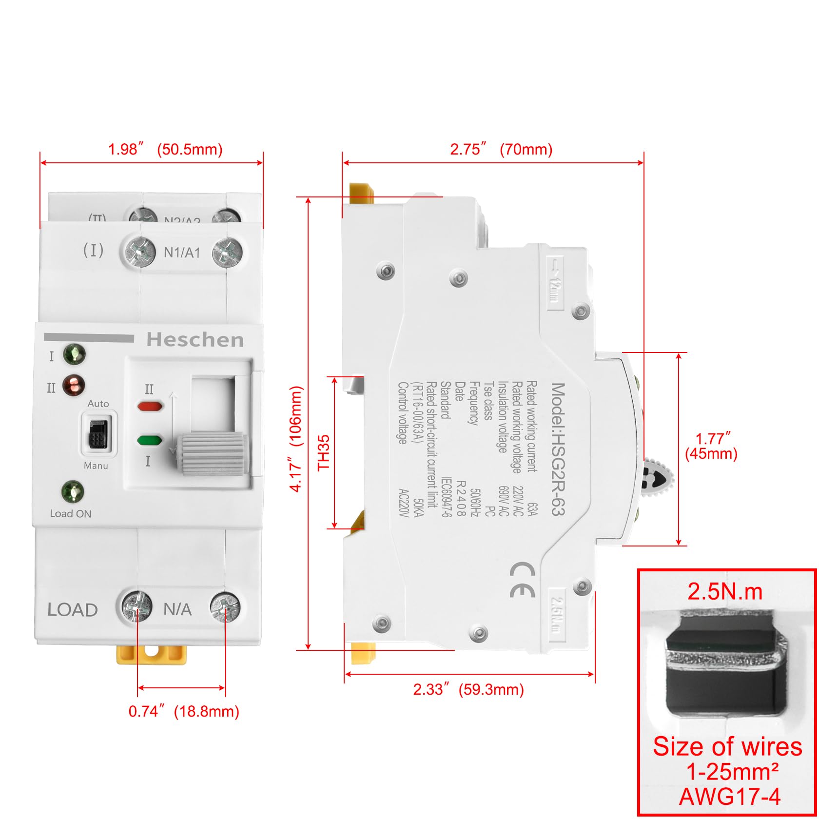 Heschen ATS Dual Power Automatisch überweisen Schalter, HSG2R-63, 2P, 63A 220VAC, PC Klasse, Stromversorgungssteuerung Unterbrechungsfreier Transferschalter, 35mm DIN-Schienenmontage