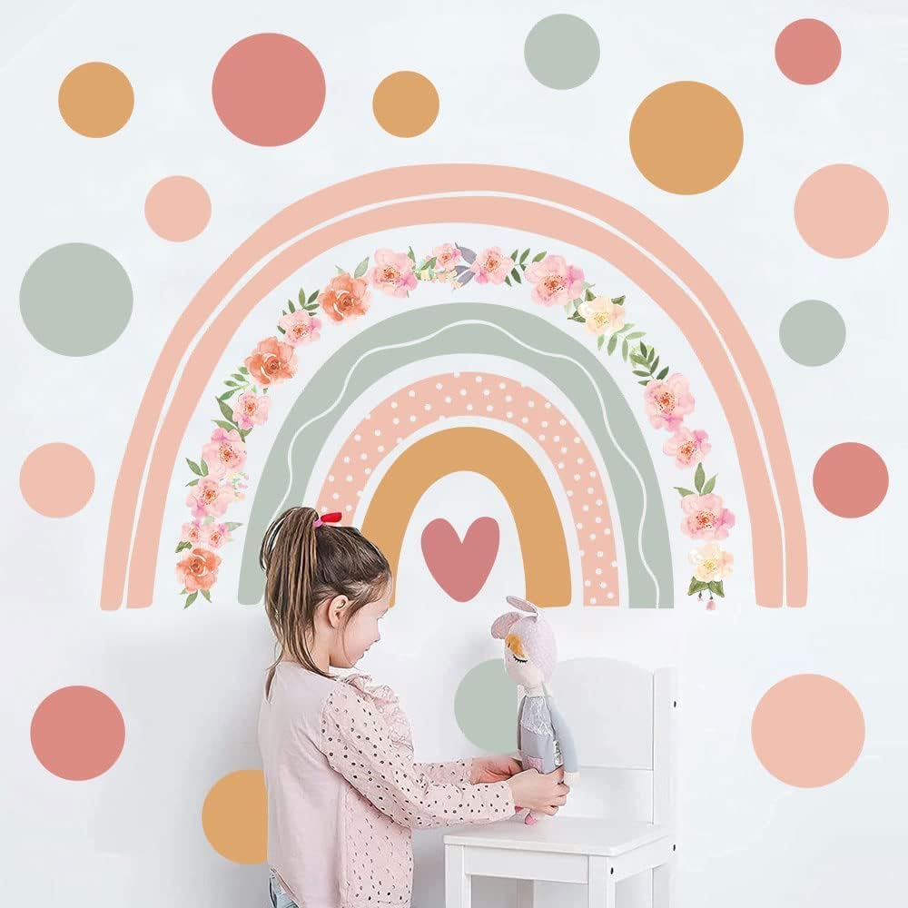 Supzone Large Rainbow Flower Wall Stickers Boho Polka Dots Wall Decal Vinyl for Girls' Room Kids Baby Nursery Bedroom Living Room Playroom Classroom Wall Decor