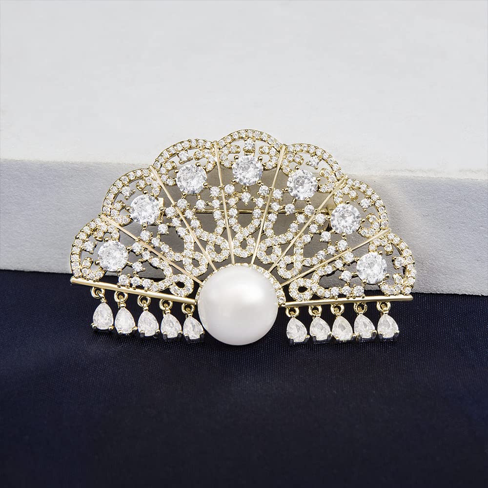 Brosche für Frauen Mode Chinesischer Stil Fan Pin mit Zirkonia Perlen Broschen und Pins Hochzeit Geburtstag Geschenk, Messing, Zirkonia