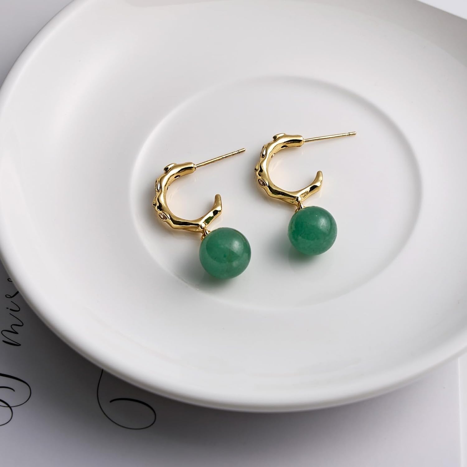 Jade Hoop Earrings for Women – 14K Gold Plated Hoop Earrings with Green Jade Bead Drops, Elegant Jade Jewelry for Daily Wear - Image 6