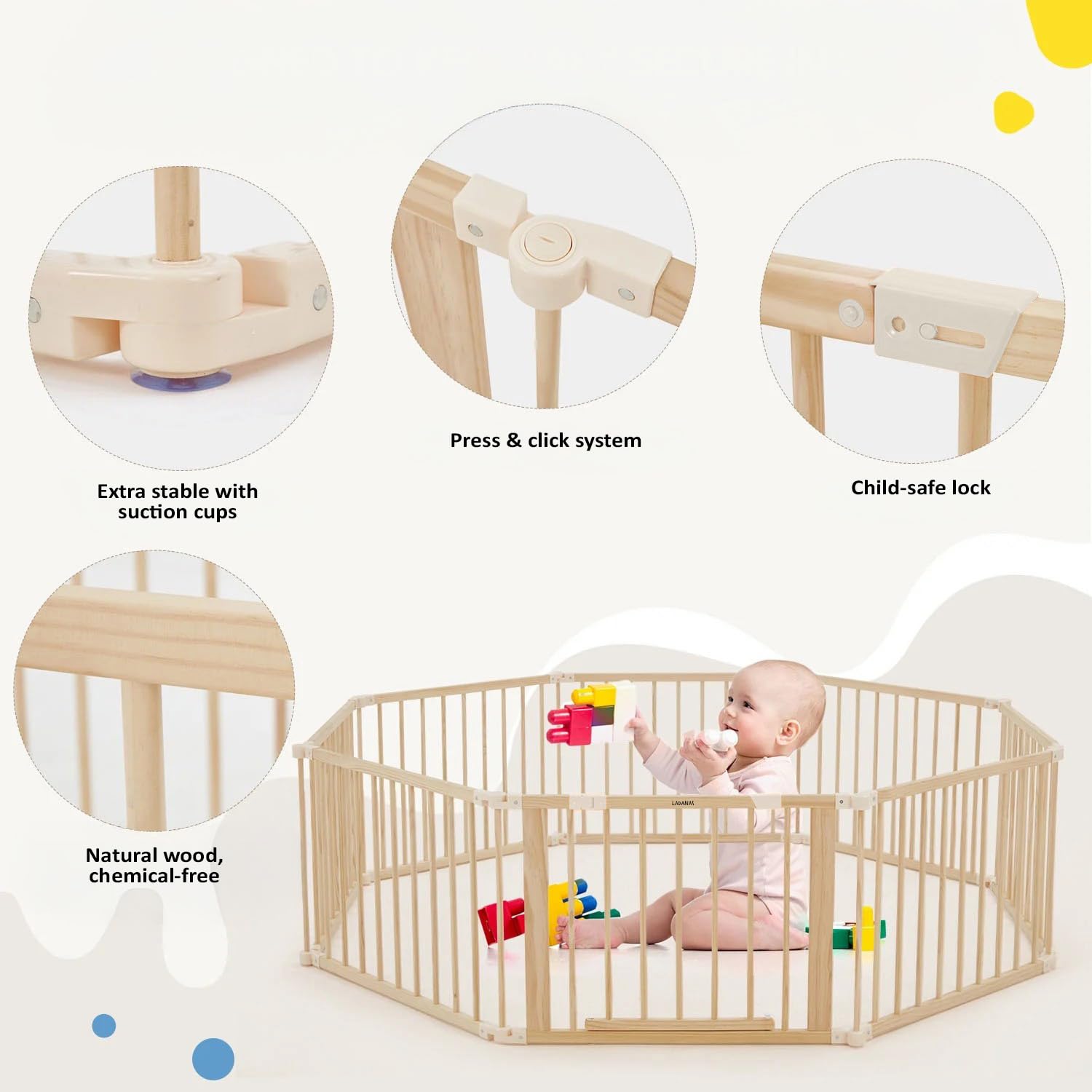 Parc bébé pliable en bois naturel 152x76 cm avec porte sécurisée et ventouses antidérapantes, parc modulable pour bébé et enfant, grande aire de jeu stable pour maison