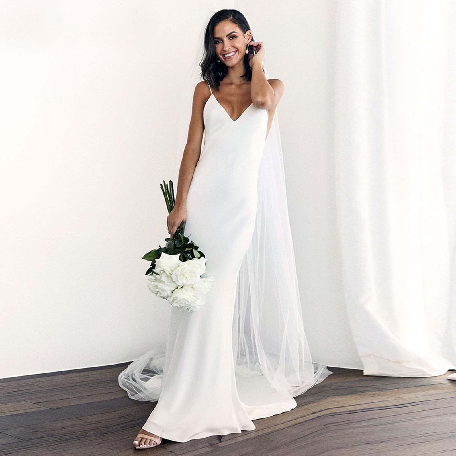 Brautkleid, Sexy Brautkleid mit V-Ausschnitt, Rückenfreies Brautjungfernkleid, Abendkleid für Hochzeitsfeier, WZEFEIO, Weiß, 2
