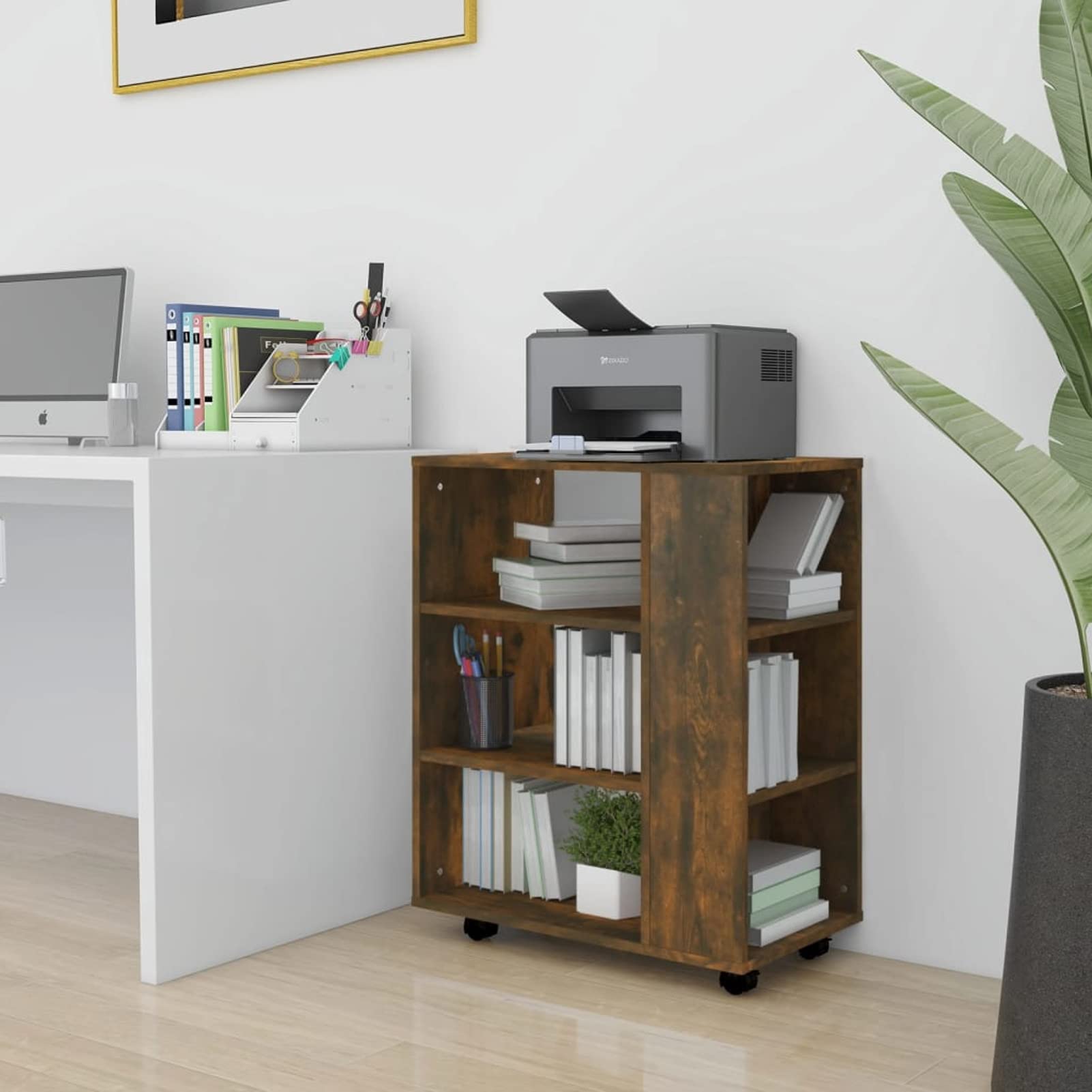Armadietto con Ruote Rovere Fumo 60x35x75 cm Legno Multistrato,Carrello Porta Stampante, Mobiletto con Ruote, Supporto per Stampante in Legno, Classificatore per Documenti per Studio, Ufficio