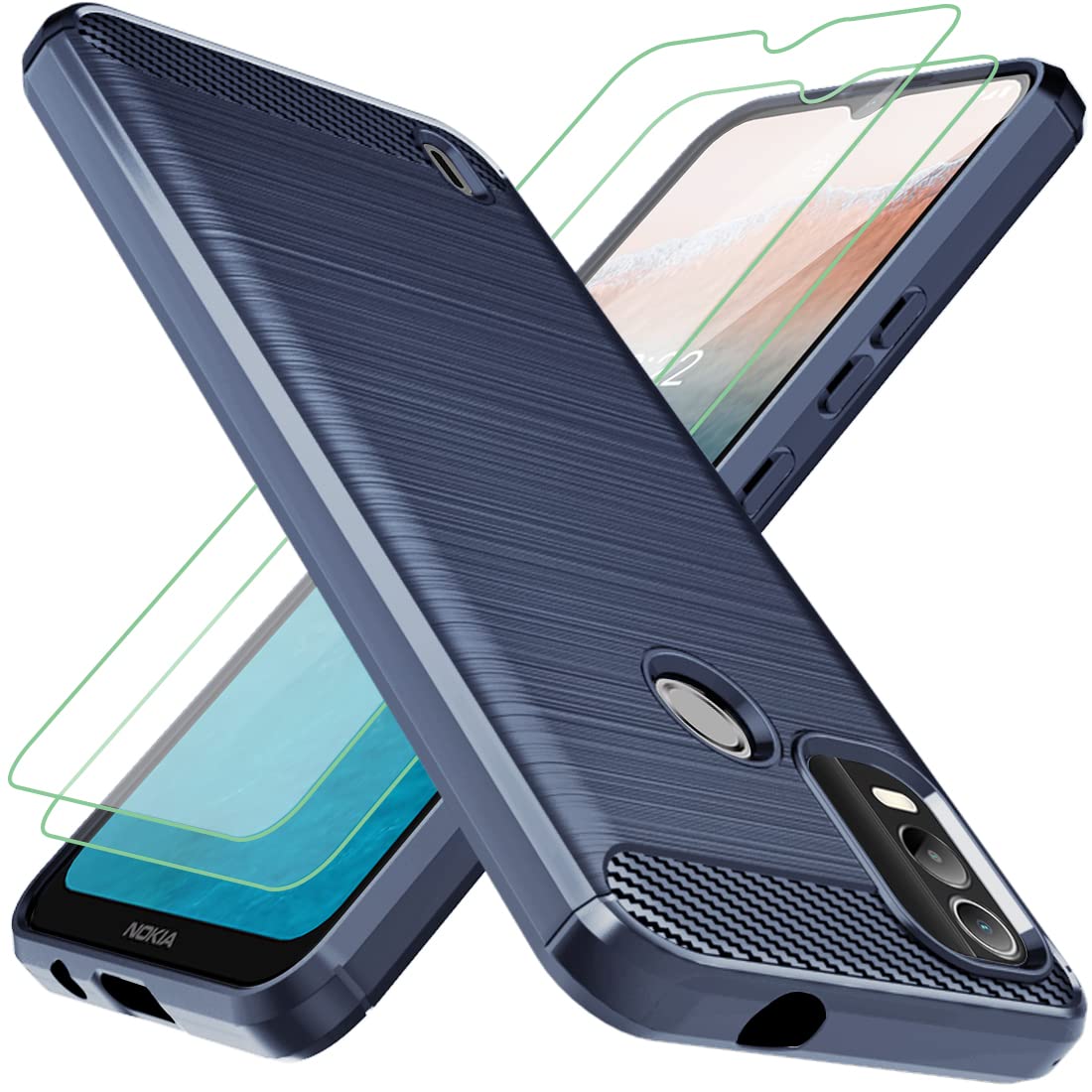 Osophterfor Nokia C21 Plus Case With 2pcs Screen Protector Shock-Absorption Flexible TPU Rubber Protective Cell Phone Cover for Nokia C21 Plus(UK-Blue)