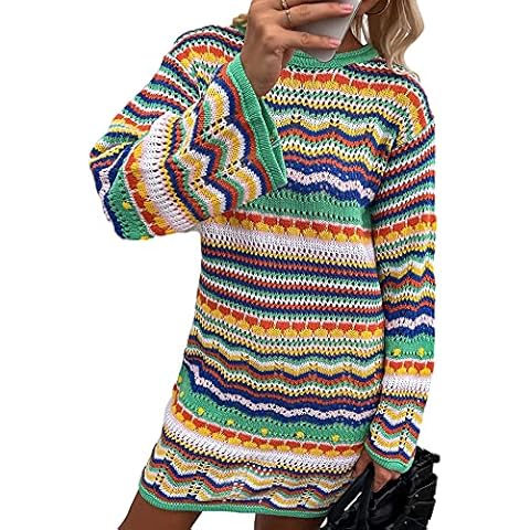 HAHAEMMA Vestido de punto de ganchillo con rayas arcoíris, manga larga, talla pequeña thumbnail
