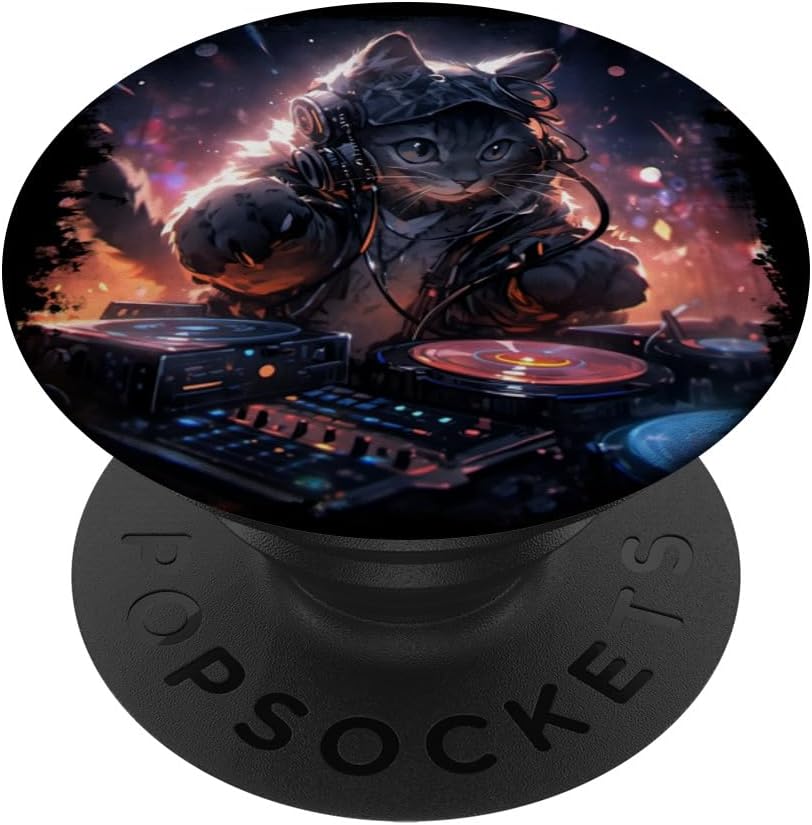Cute cat dj spinning turntable, music lovers, raves and edm. PopSockets Standard PopGrip