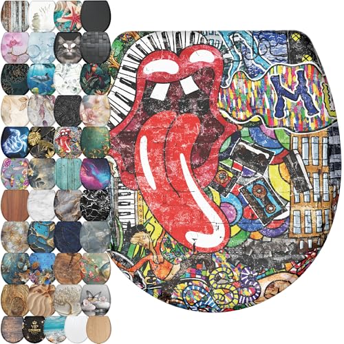 Image of Sanilo Wooden Toilet Seat with Quick Release & Soft Close [ROUND] - Decorative & Slow Close Molded Wood Seat - With One Click for Easy Installation & Cleaning - With Adjustable Fit (Graffiti)