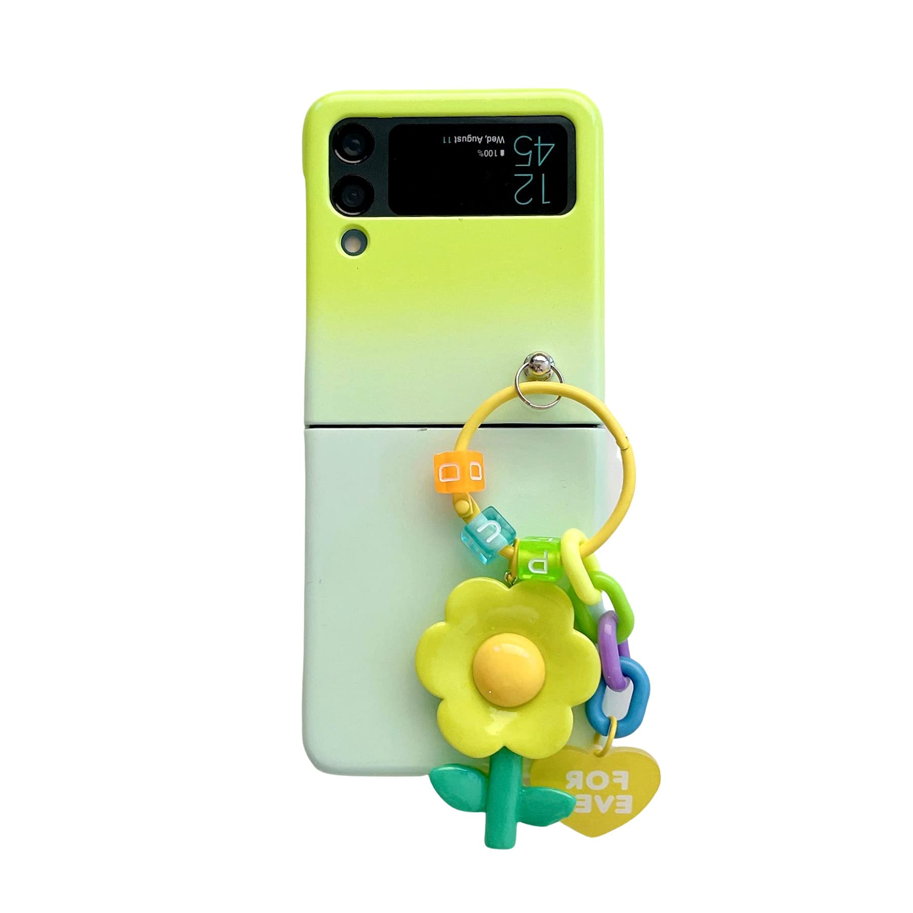 GO-VOLMON Compatible with Galaxy Z Flip 4 Cute Case Gradient Color, Green Women Case for Z Flip 4 Kawaii Flower Case Love Heart Strap Chain, Lovely Girly Plastic Case for Z Flip 4