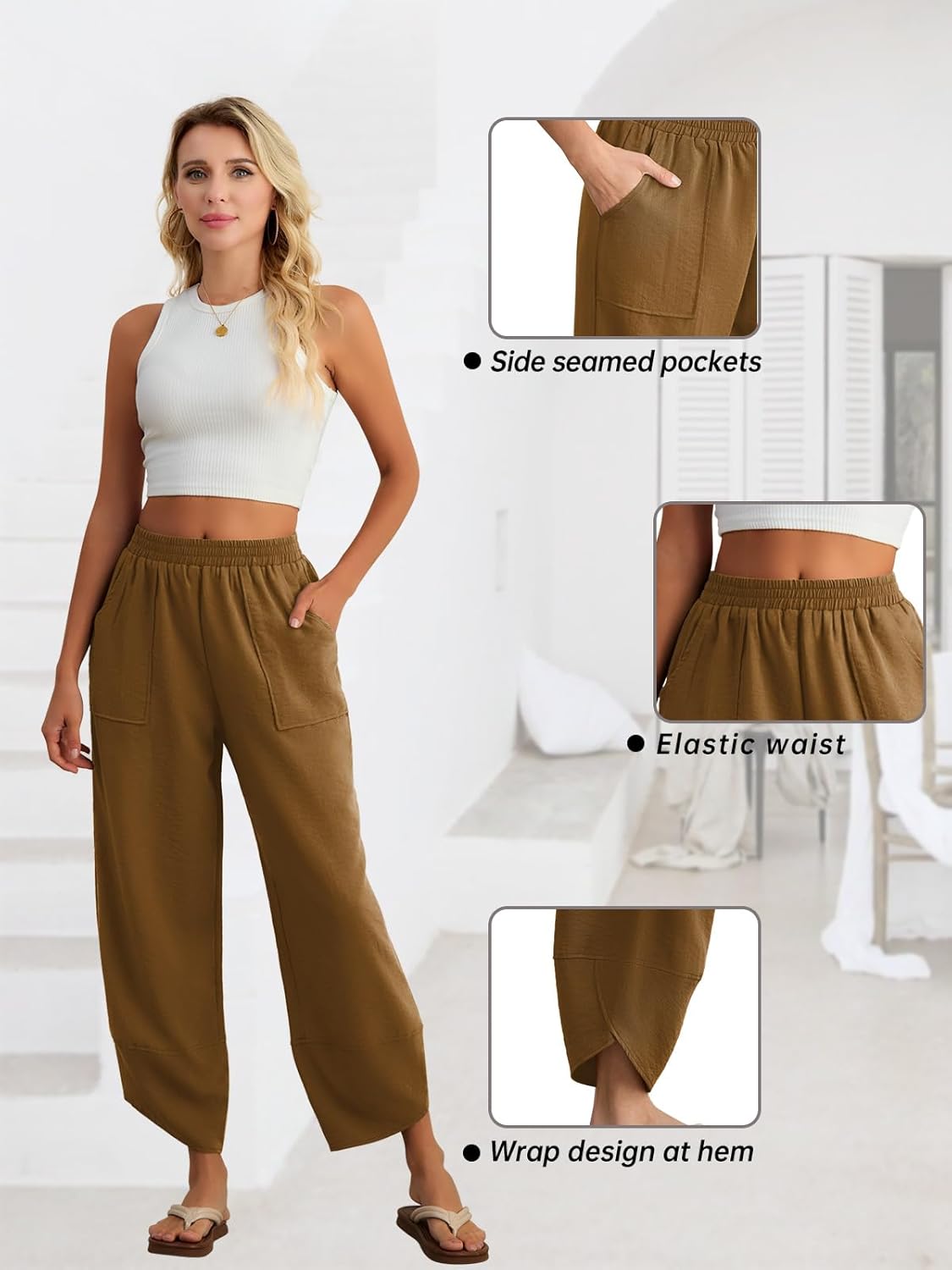 Feiersi Womens Baggy Wide Leg Pants Elastic Waisted Casual Palazzo Harem Pants Summer Beach Trousers - Image 4
