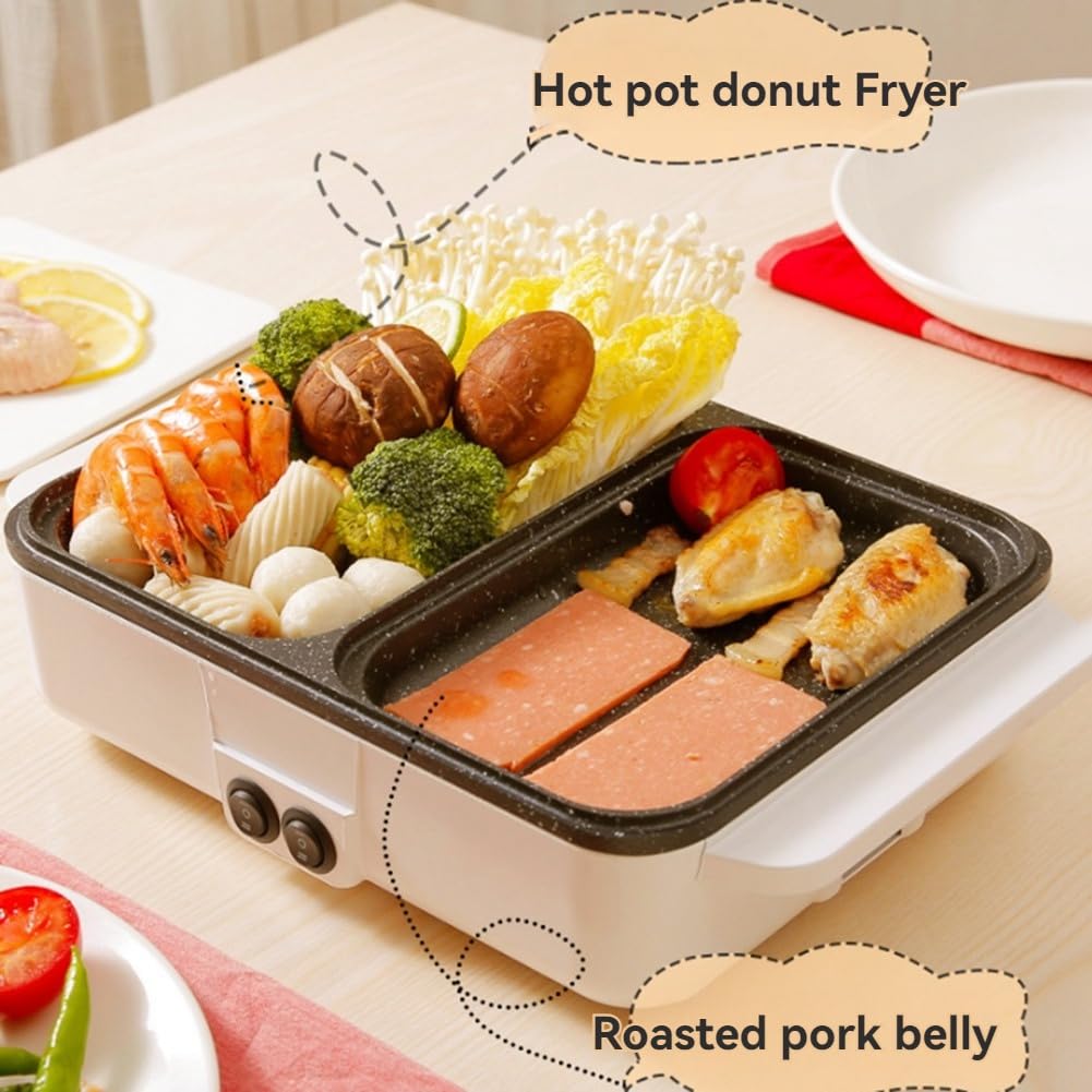 2 en 1 Pot Électrique Antiadhésif et Poêle Électrique Portable pour Barbecue Intérieur EU Plug A