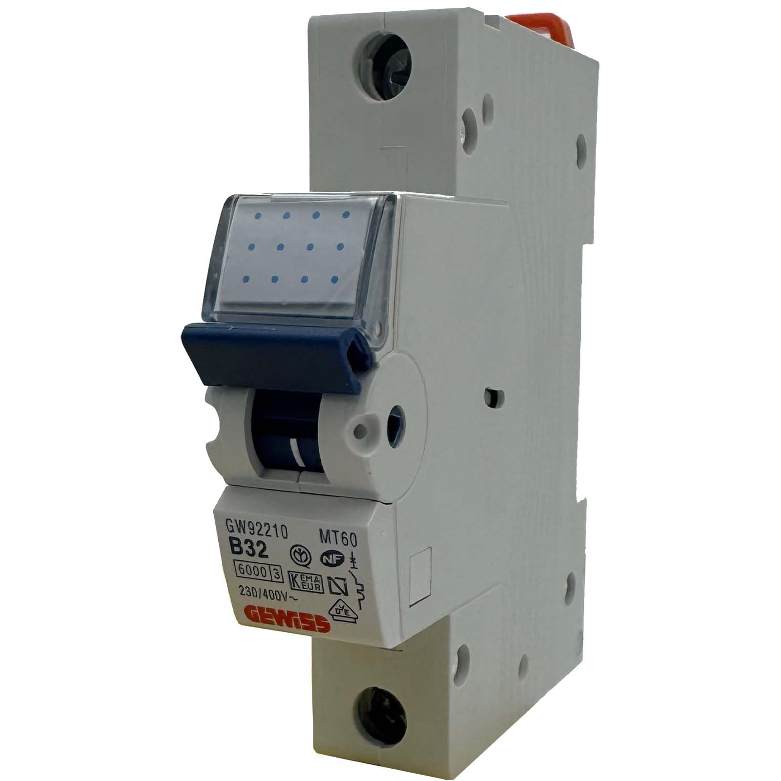 Leitungsschutzschalter B32A MCB 1-polig 230-400 V DIN Sicherungsautomat | Gewiss MT60, 6kA/10kA, Hutschiene, Wohnbau, Gewerbe, Industrie, Kurzschlussschutz, Überstromschutz, IEC EN60898-1