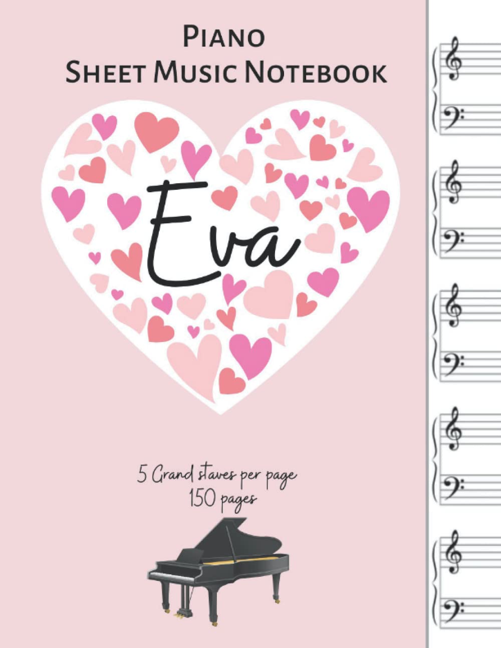 Cahier de musique personnalisé Eva : le cadeau idéal avec 5 grandes portées pour piano