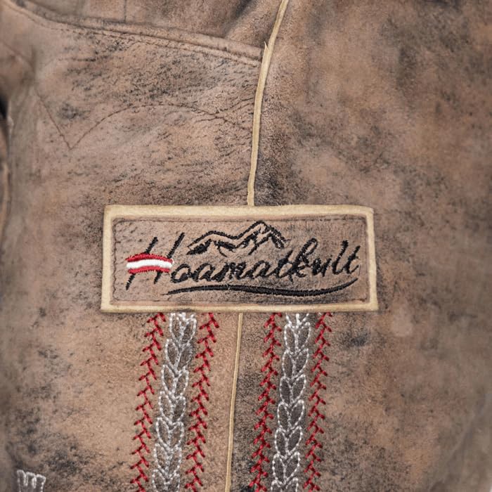 Hoamatkult Kinder Lederhose – Österreich Adler, Vintage Braun, aus Echtleder mit Patina, handgefertigt, bequemer Schnitt – trachtig & kultig für kleine Entdecker (86 - mit Träger)